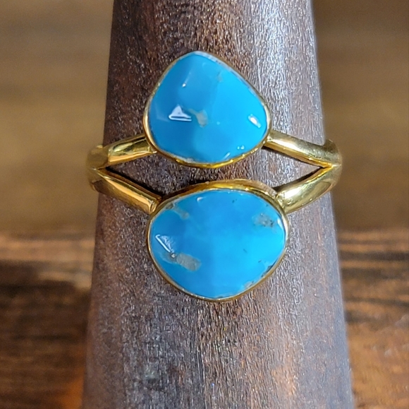 Vintage Jewelry - Native Turquoise Gemstone Ring 8 14k Gold Sterling Silver Boho Size 925 Gypsy